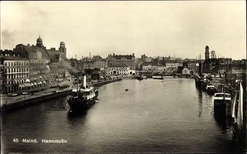 Ak Malmö Schweden, Hamnmotiv, Teilansicht des Ortes mit Fluss und Dampfer