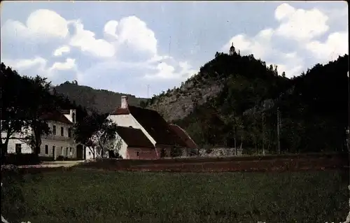 Ak Misto Platz Reg. Aussig, Burgruine Hassenstein, Restaurant zum Eisenhans