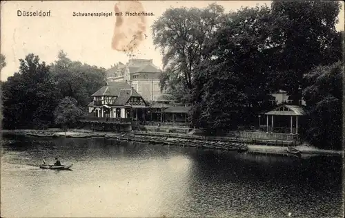 Ak Düsseldorf am Rhein, Schwanenspiegel mit Fischerhaus