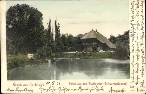 Ak Karlsruhe in Baden, Partie aus dem Stadtgarten, Schwarzwaldhaus