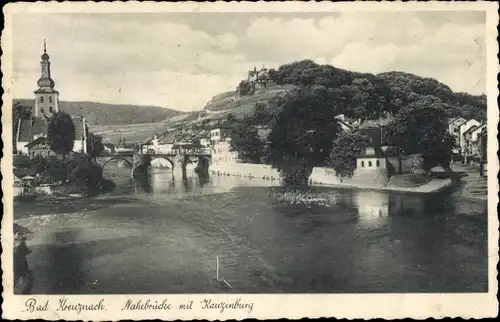 Ak Bad Kreuznach in Rheinland Pfalz, Nahebrücke mit Kauzenburg