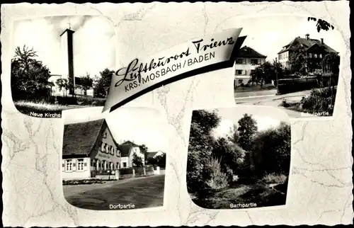 Ak Trienz Fahrenbach im Odenwald, Dorfpartie, Bach, Schule, Neue Kirche