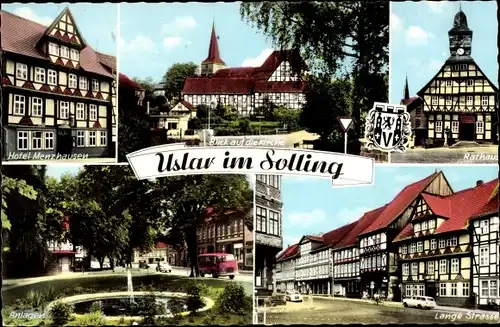 Ak Uslar im Solling Niedersachsen, Hotel Menzhausem, Blick auf die Kirche, Rathaus, Lange Straße