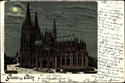 Mondschein Litho Köln am Rhein, Dom bei Nacht
