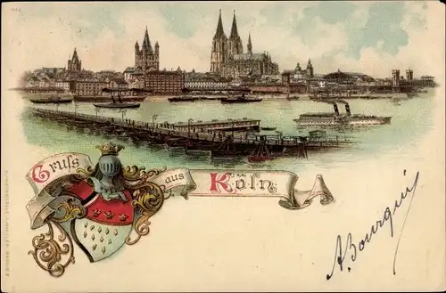 Litho Köln am Rhein, Panorama der Stadt, Wasser, Bootsbrücke