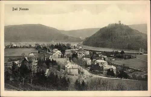 Ak Bad Nassau an der Lahn, Blick zur Stadt, Berg, Burg, Fluss