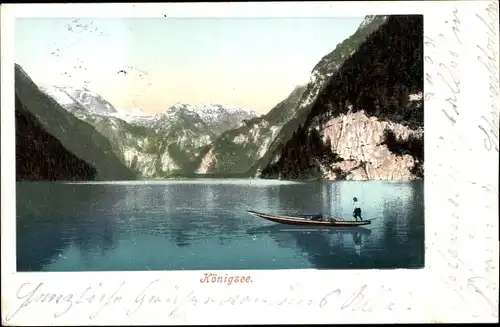 Ak Königssee Oberbayern, Bergpanorama, Ruderboot