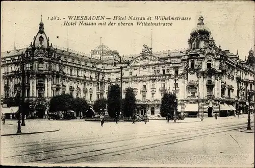 Ak Wiesbaden in Hessen, Hôtel Nassau et Wilhelmstraße, Hotel Nassau mit der oberen Wilhelmstraße