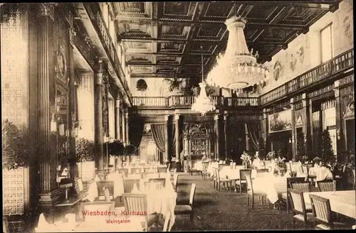 Ak Wiesbaden in Hessen, Weinsalon im Kurhaus, Restaurant, Kronleuchter, Deckenverziehrung