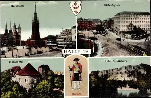 Ak Halle an der Saale, Hallore, Marktplatz, Riebeckplatz, Moritzburg, Ruine, Wappen