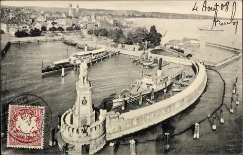 Ak Lindau am Bodensee Schwaben, Hafeneinfahrt mit Löwe, Dampfer