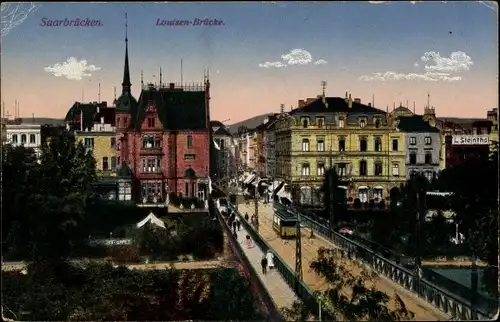 Ak Saarbrücken im Saarland, Louisenbrücke, Tram