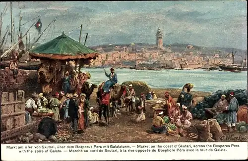 Künstler Ak Skutari Türkei, Markt am Ufer, Verkäufer
