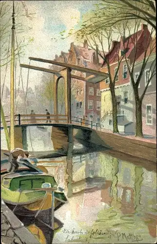 Künstler Ak Matthes, P., Dordrecht Südholland, Kanalpartie, Brücke, Boot