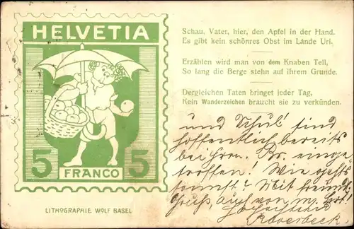 Briefmarken Ak Schweiz, Helvetia, 5 Franco, Knabe Tell mit Äpfeln, Schirm