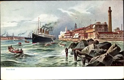 Künstler Ak Perlberg, F., Port Said Ägypten, Dampfschiff und Ruderboote vor der Stadt