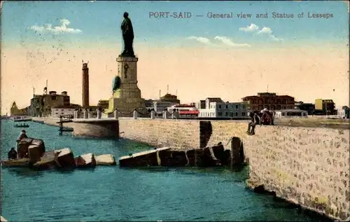 Ak Port Said Ägypten, General View and Statue of Lesseps, Denkmal, Kaimauer