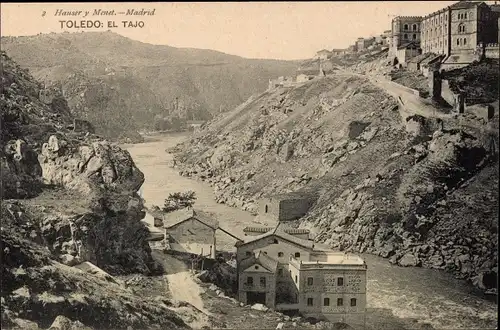 Ak Toledo Kastilien La Mancha Spanien, El Tajo, Flussbiegung, Gebäude, Felsen