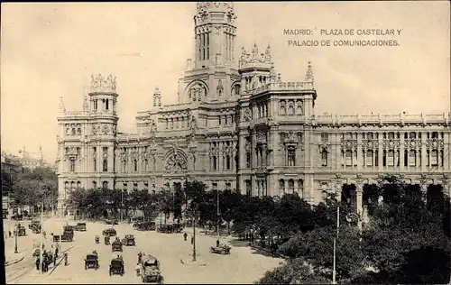 Ak Madrid Spanien, Plaza de Castelar y Palacio de Comunicaciones, Panorama