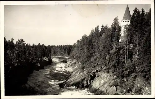Ak Imatra Finnland, Flußbiegung, Turm, Wald