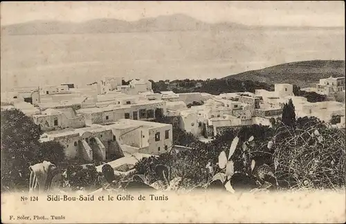 Ak Sidi Bou Said Tunesien, Vue generale et le Golfe de Tunis, Meersicht über Häuser