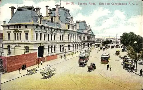 Ak Buenos Aires Argentinien, Estacion Constitucion FCS, Straßenszene, Straßenbahnen, Kutschen