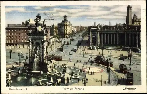 Ak Barcelona Katalonien Spanien, Plaza de Espana, Straßenbahnen, Türme, Denkmal