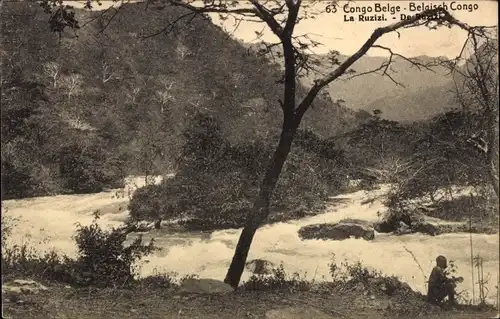 Ganzsachen Ak Congo Belge DR Kongo Zaire, La Ruzizi, Fluss mit Stromschnellen, Mann am Ufer