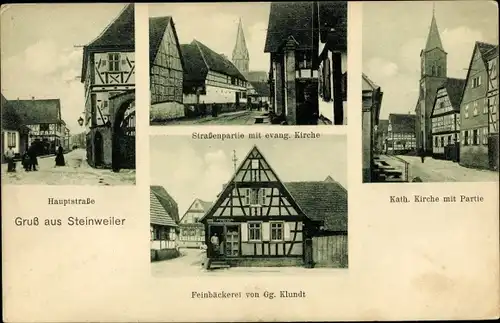 Ak Steinweiler in Rheinland Pfalz, Hauptstraße, Straßenpartie, evangelische Kirche, Bäckerei Klundt