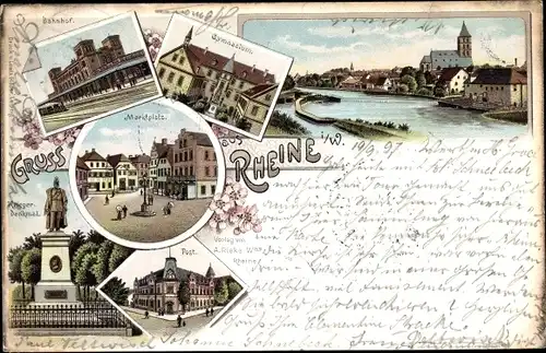 Litho Rheine in Nordrhein Westfalen, Bahnhof, Gymnasium, Marktplatz, Post