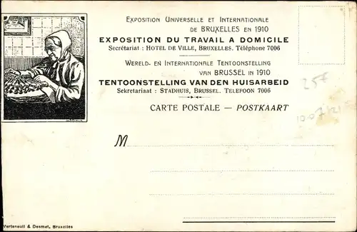Litho Bruxelles Brüssel, Exposition du Travail a Domicile 1910, Huisarbeid, Klöpplerin