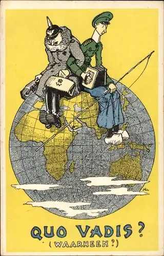 Ak Quo Vadis, Waarheen, Kaiser Wilhelm II. und Kronprinz Wilhelm von Preußen im Exil, Karikatur