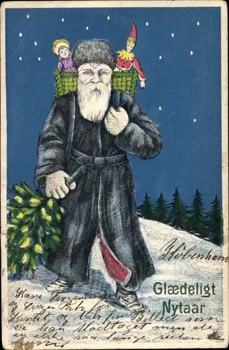 Präge Ak Glückwunsch Neujahr, Glaedeligt Nytaar, Weihnachtsmann, Geschenke, Tannenbaum
