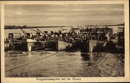 Ak Kuk Kriegsmarine, Truppentransporte auf der Donau, Donauflottille, Transportschiffe DDSG