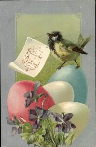 Ak Glückwunsch Ostern, Vogel, Ostereier, Veilchen