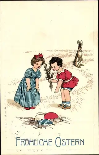 Ak Glückwunsch Ostern, Kinder, Weidenkätzchen, Osterhase, Osterhase