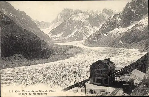 Ak Chamonix Mont Blanc Haute Savoie, Mer de Glace et gare du Montenvers