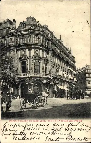 Ak Paris II Bourse, Theatre du Vaudeville, Außenansicht, Kutschen