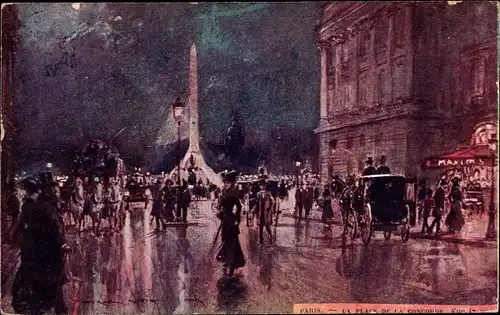 Künstler Ak Paris VIII, Place de la Concorde a nuit, Maxims