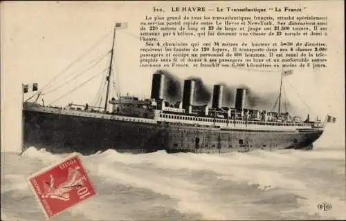 Ak Le Havre Seine Maritime, Transatlantique La France, Dampfschiff