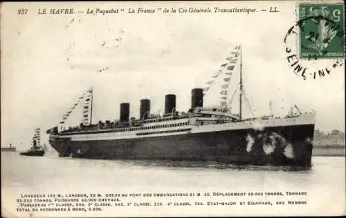 Ak Le Havre Seine Maritime, Le Paquebot La France de la Cie Generale Transatlantique