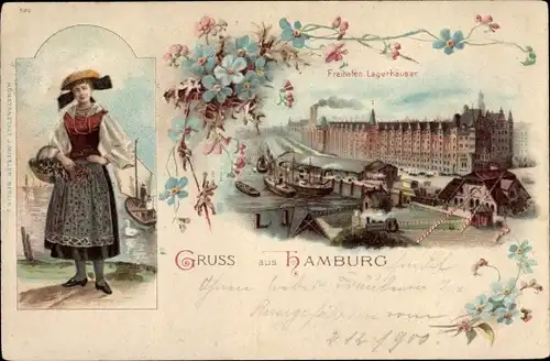 Litho Hamburg Mitte Altstadt, Frau in Vierländer Tracht, Freihafen, Lagerhäuser