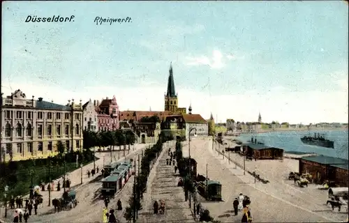 Ak Düsseldorf am Rhein, Rheinwerft, Straßenbahn, Kutsche, Schiff