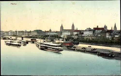 Ak Mainz am Rhein, Panoramablick über den Fluss auf die Stadt