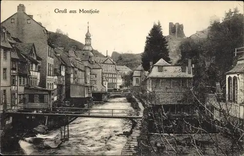 Ak Monschau Montjoie in der Eifel, am Kanal, Ruine, Häuserreihe