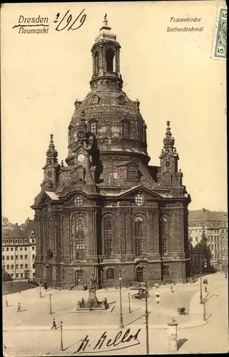 Ak Dresden Altstadt, Neumarkt, Frauenkirche, Lutherdenkmal