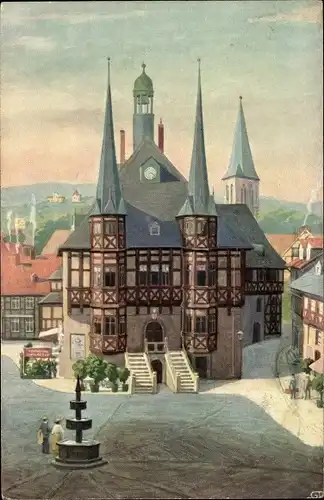 Künstler Ak Wernigerode am Harz, Blick auf das Rathaus, brunnen