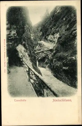Ak Marktschellenberg Berchtesgadener Land, Almbachklamm, Wasserfall, Tunnelhütte