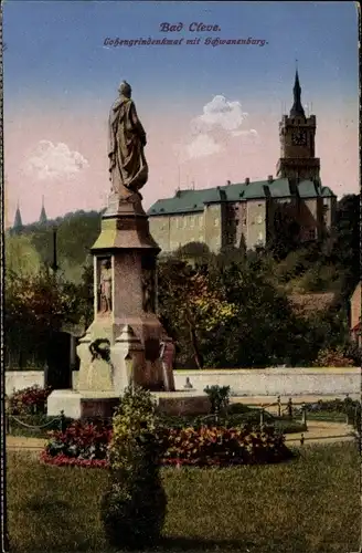 Ak Bad Cleve Kleve am Niederrhein, Lohengrindenkmal mit Schwanenburg