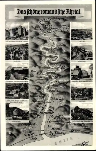 Landkarten Ak Altenahr im Ahrtal, Bad Neuenahr Ahrweiler, Flussverlauf von Ahr und Rhein